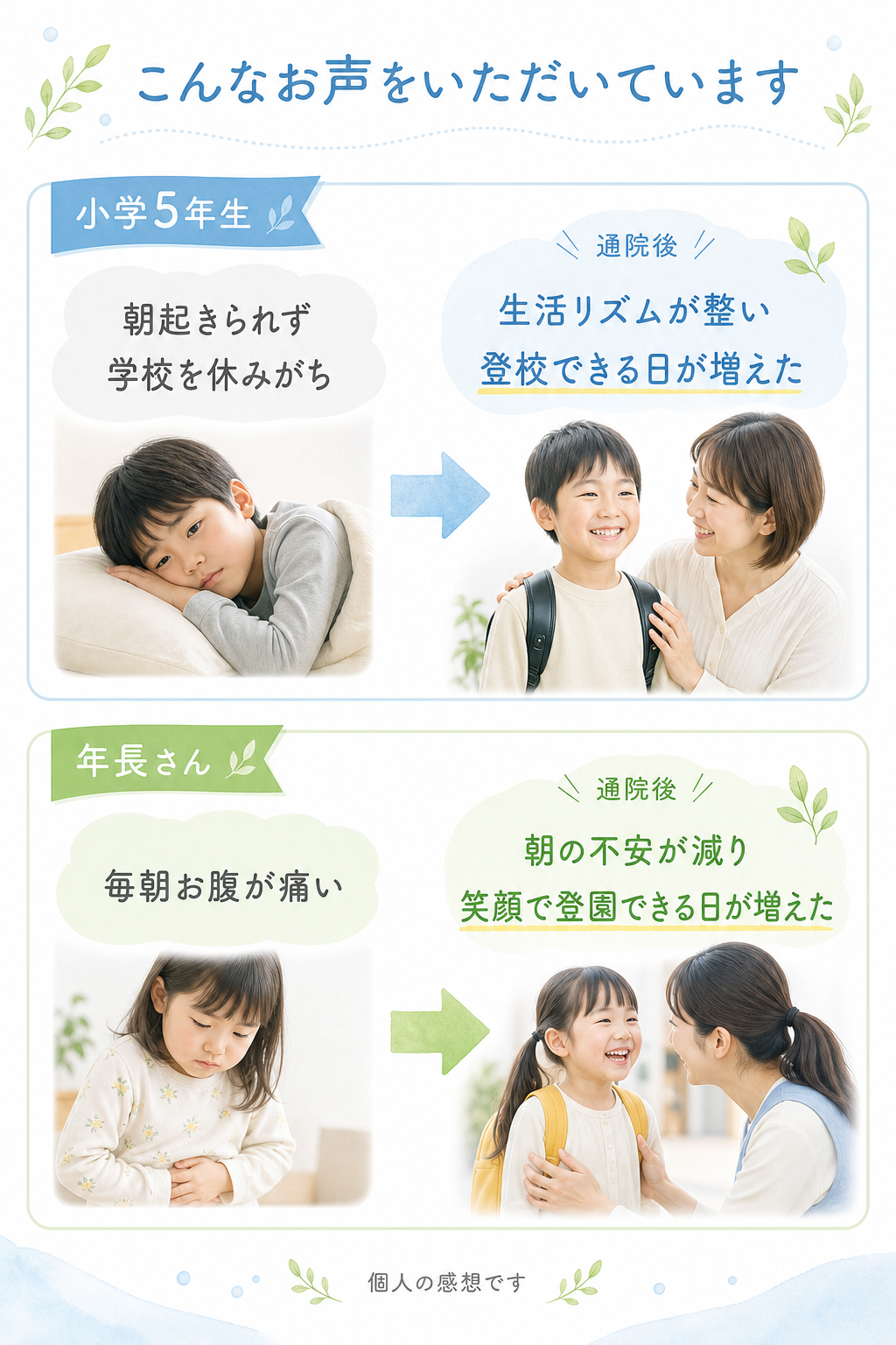 こんなお声を
 いただいています

事例
小学5年生
朝起きられず学校を休みがち
↓
通院後
生活リズムが整い
登校できる日が増えた

年長さん
毎朝お腹が痛い
↓
朝の不安が減り
笑顔で登園できる日が増えた
※個人の感想です
