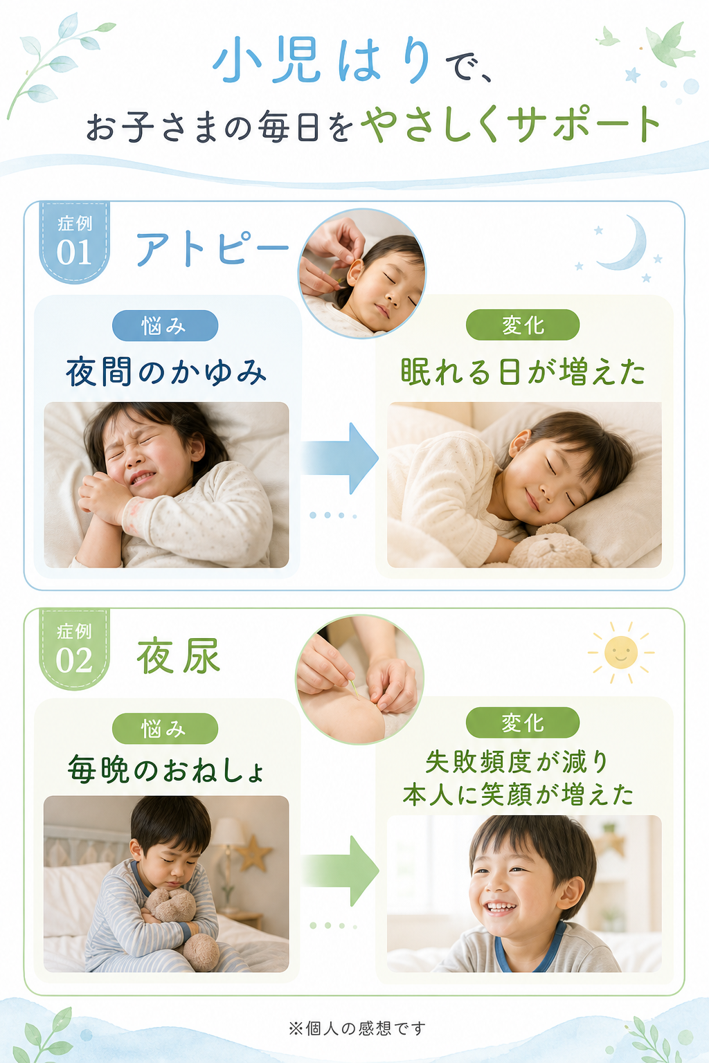 症例紹介②
アトピー
夜間のかゆみ
↓
眠れる日が増えた

夜尿
毎晩のおねしょ
↓
失敗頻度が減り
本人に笑顔が増えた