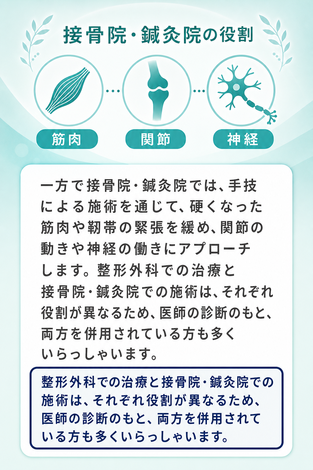 一方で接骨院・鍼灸院では、手技による施術を通じて、硬くなった筋肉や靭帯の緊張を緩め、関節の動きや神経の働きにアプローチします。整形外科での治療と接骨院・鍼灸院での施術は、それぞれ役割が異なるため、医師の診断のもと、両方を併用されている方も多くいらっしゃいます。